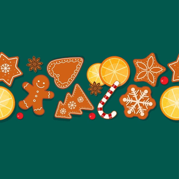 Seamless pattern with christmas gingerbread, sweets and spices