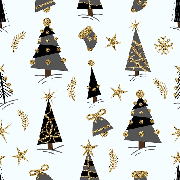 Vector seamless pattern with christmas glitter trees bells and socks vector