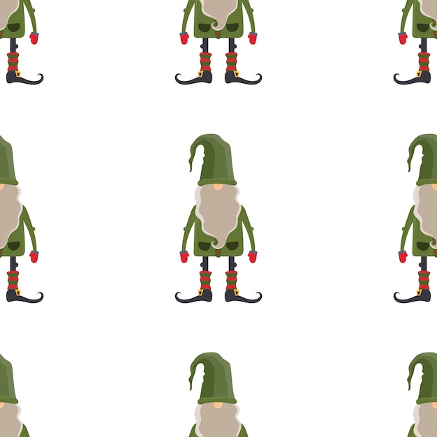 Seamless pattern with Christmas gnome. Scandinavian gnome in green clothes. Little man with a beard and a green hat. Good for postcards and books design. Vector.