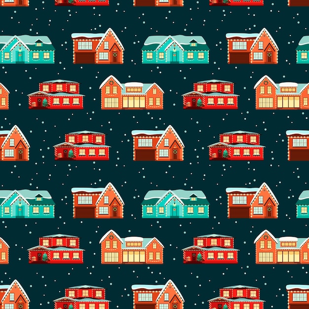 Seamless pattern with Christmas houses. Flat design.