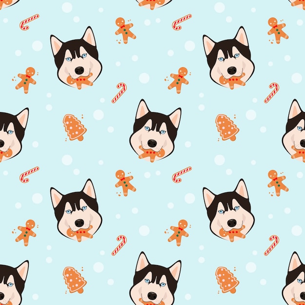 Seamless pattern with Christmas huskies. Cute dogs. Cartoon design.