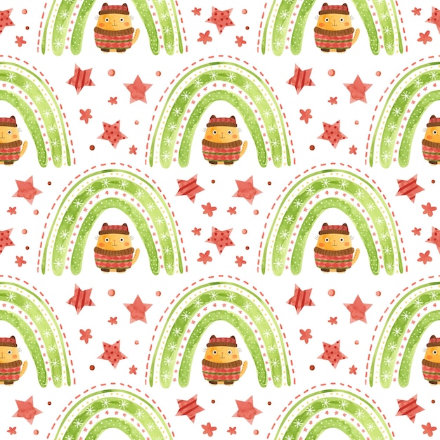 Vector seamless pattern with christmas rainbow stars and a cute cat with a winter hat and sweater holiday