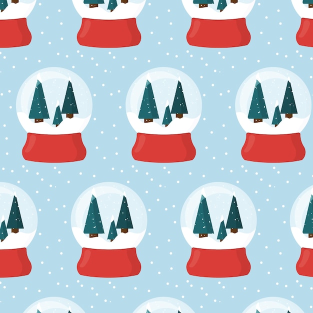 Seamless pattern with christmas snow globe on red stand snow ball snow globe with christmas trees