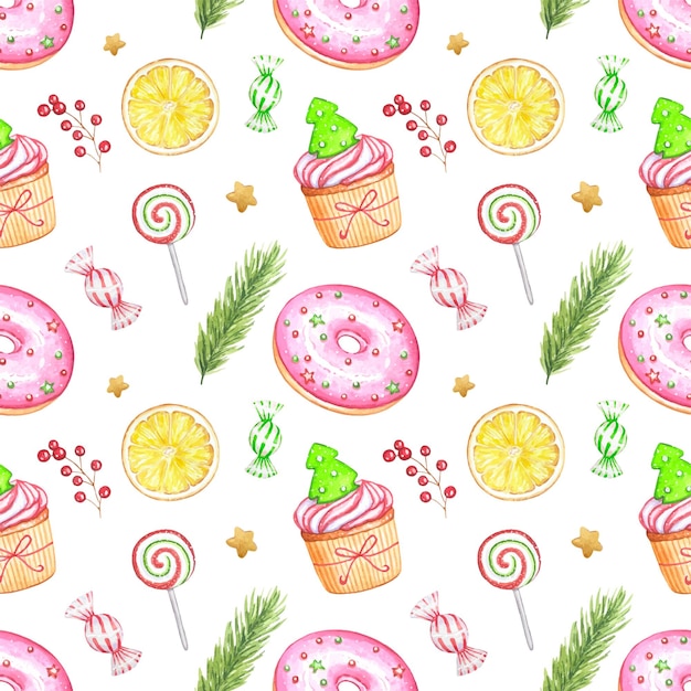 Seamless pattern with christmas sweets watercolor