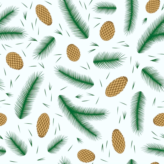 Seamless pattern with Christmas tree branch, needles, cone. Festive background. Vector illustration.