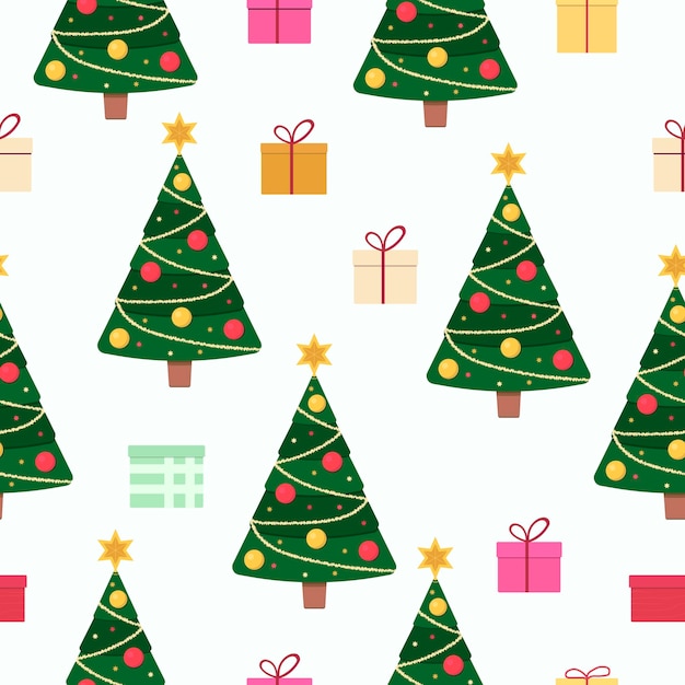 Seamless pattern with Christmas tree and gifts on a white background