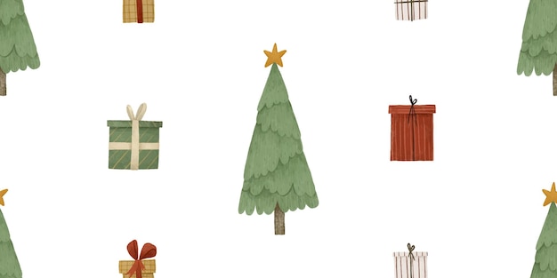 Seamless pattern with christmas tree and gifts