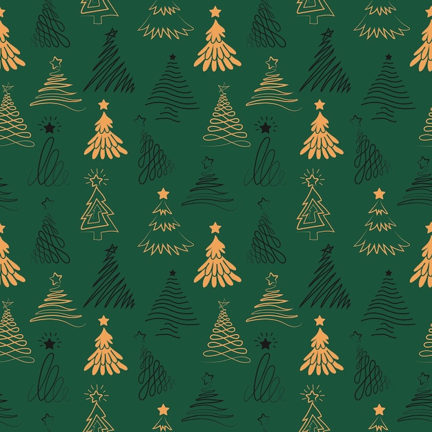 緑の背景にクリスマス ツリー ラインとのシームレスなパターン。ベクター