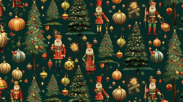 Seamless pattern with Christmas tree Santa Claus and ornaments