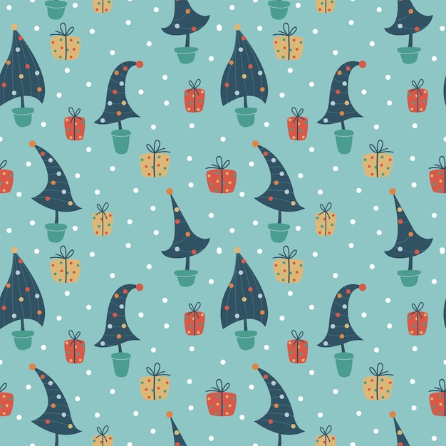 Seamless pattern with christmas trees and gifts