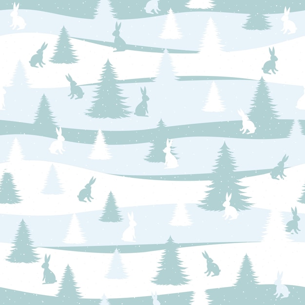 Seamless pattern with Christmas trees and hares Christmas and New Year holidays