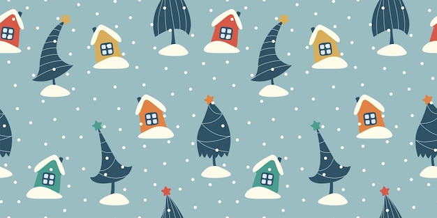 Бесшовный фон с елками и домами со снежными крышами в мультяшном стиле