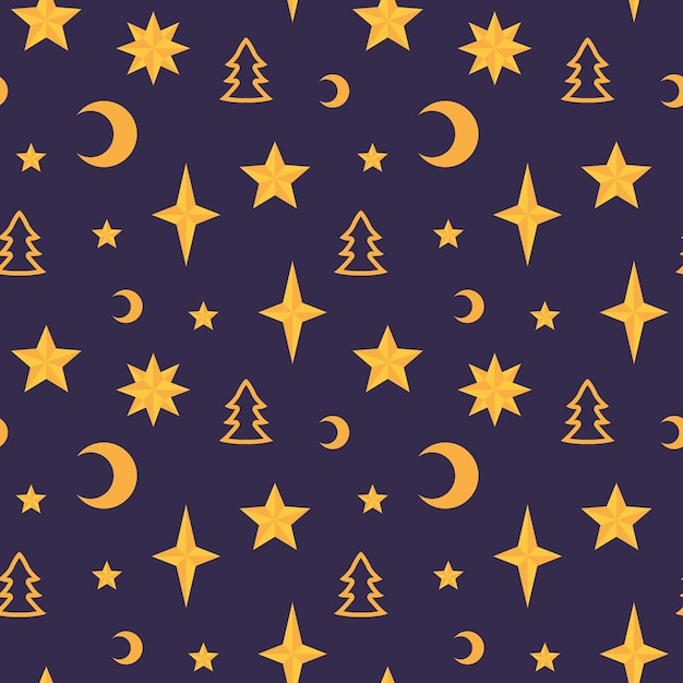 Seamless pattern with Christmas trees months and stars on a dark background