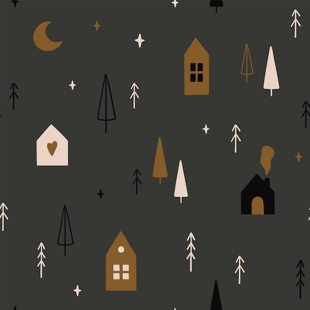 Вектор Бесшовный фон с рождественскими елками лунными звездами и милыми скандинавскими домами