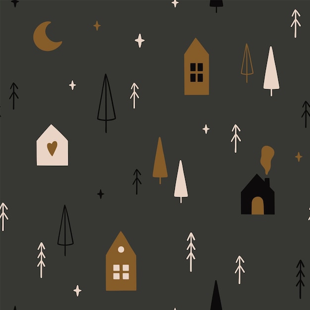 Modello senza cuciture con alberi di natale, stelle della luna e graziose case scandinave