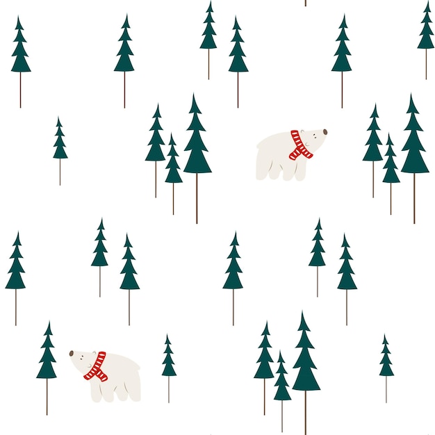 Seamless pattern with Christmas trees and polar white bears Fir forest wrapping paper New year