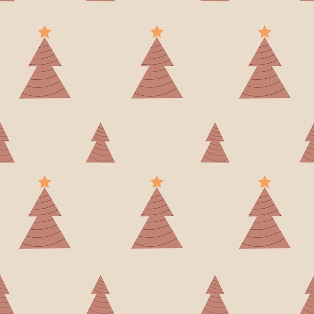 Seamless pattern with christmas trees and stars in boho style Flat new years trees in beige colors