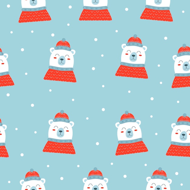 Seamless pattern with Christmas white bear in a red hat and sweater on blue background