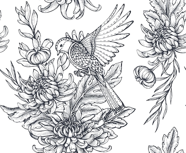 Vector seamless pattern with chrysanthemum flowers