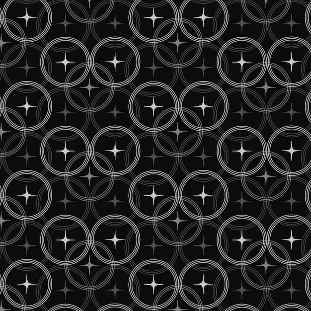 A seamless pattern with circles and stars on a black background.