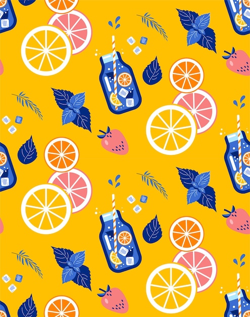 Seamless pattern with citrus lemonade in glass jar slices of lemon and orange Citrus strawberry