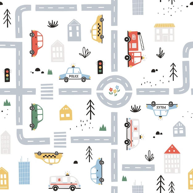 Seamless pattern with city cars and houses. Rescue services cars, ordinary cars, roads, plants.