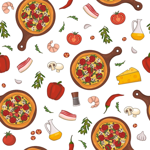 Seamless pattern with classical italian foods. Hand drawn illustrations of pizza.