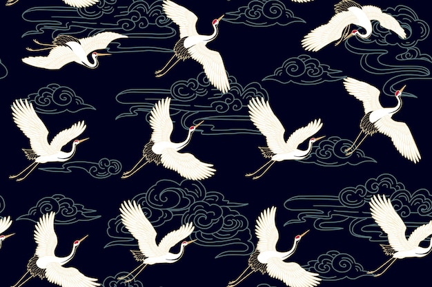 Vector seamless pattern with cloud motives and cranes