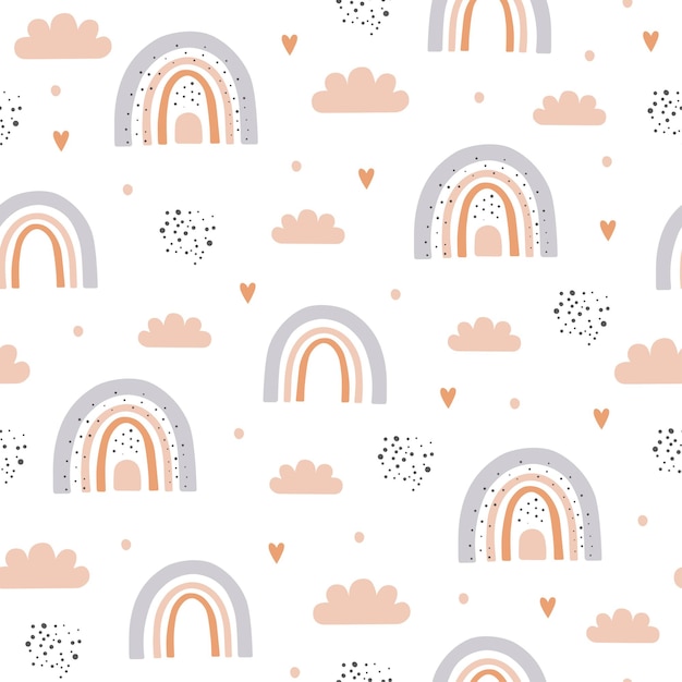 Seamless pattern with cloud and rainbow in the sky