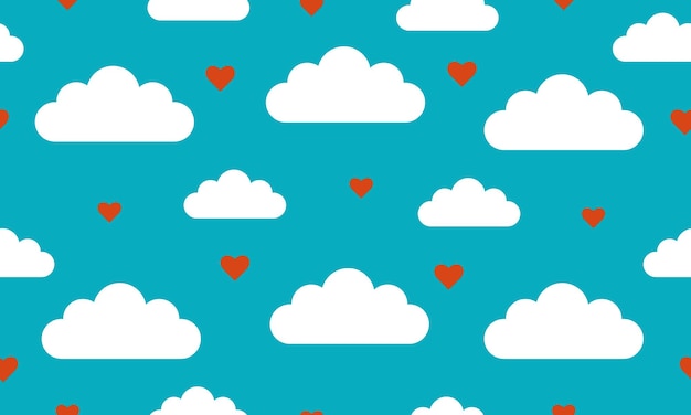 Seamless pattern with clouds and hearts on a blue background