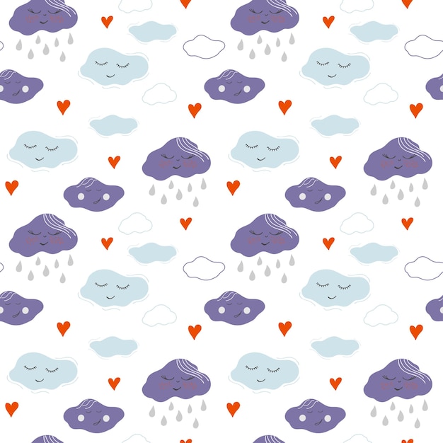 Seamless pattern with clouds, rain and hearts. Hand drawn vector illustration for kids textile, wall