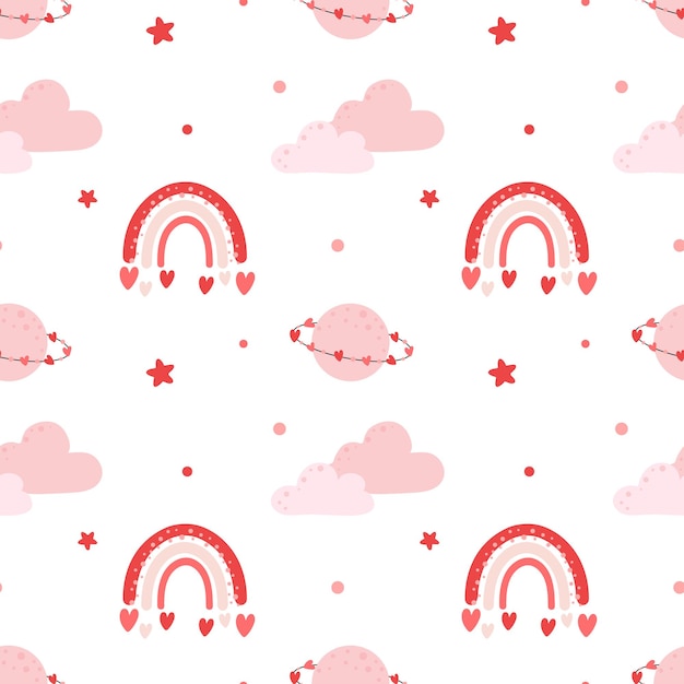 Seamless pattern with clouds rainbow planet and hearts  happy valentines day