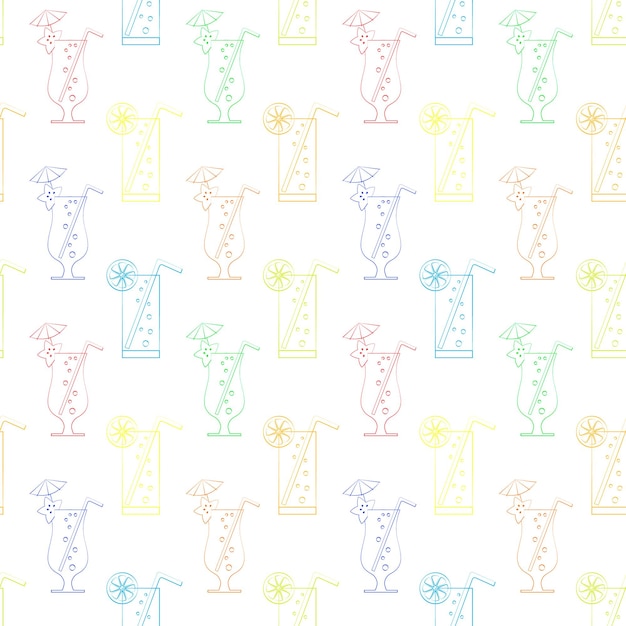 Seamless pattern with cocktail and lemonade glasses Outlined summer drinks