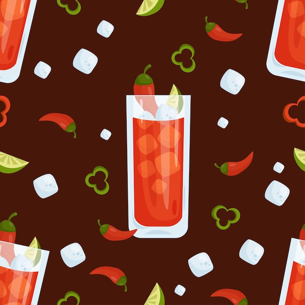Seamless pattern with cocktail Mexican Vampiro with ice cubes chili on black background