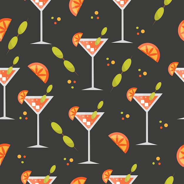 Seamless pattern with cocktail orange olive ice