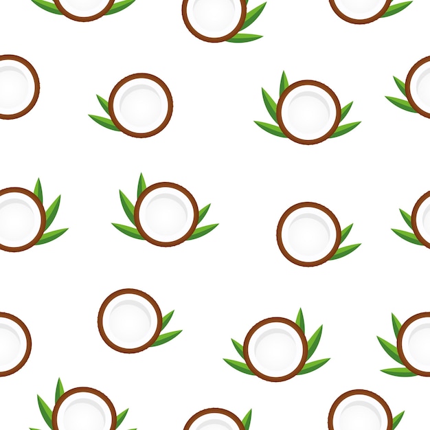 벡터 코코넛과 나뭇잎이 있는 매끄러운 패턴 맛있는 코코넛이 있는 흰색 배경