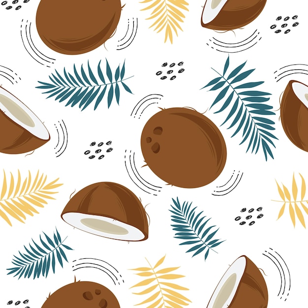 Seamless pattern with coconut and palm leaves and abstract elements isolated on a white background