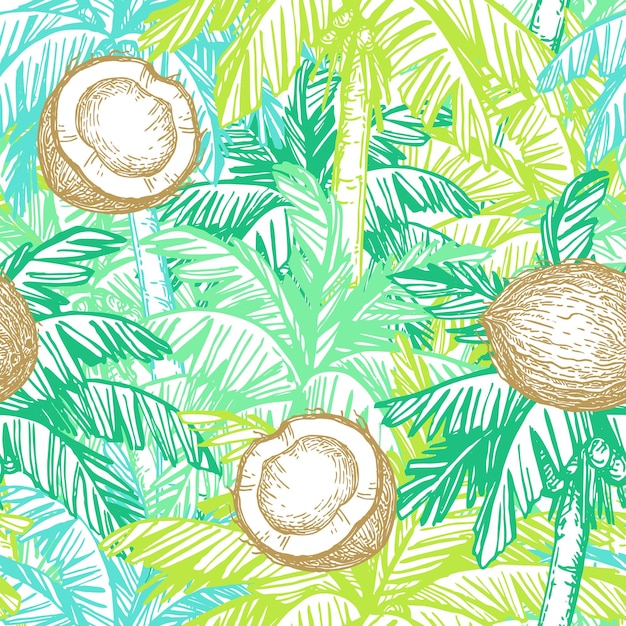 Vector seamless pattern with coconut and palm trees