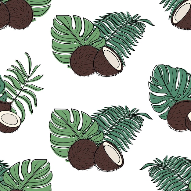 Seamless pattern with coconuts and leaves on a white background.