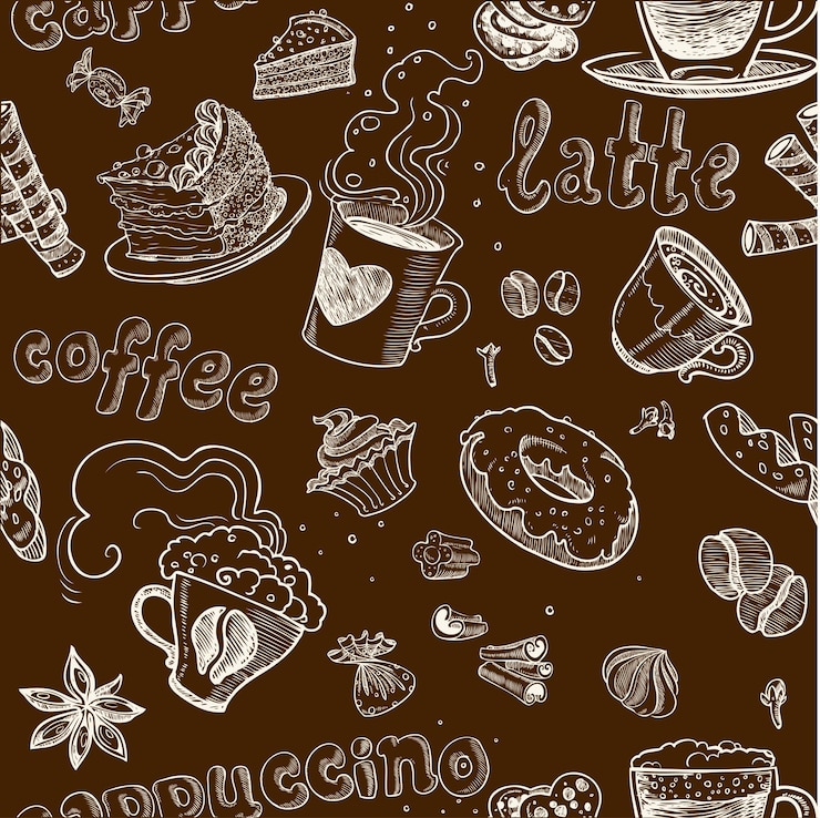 Vector seamless pattern with coffee cakes pies latte and cappuccino on dark background