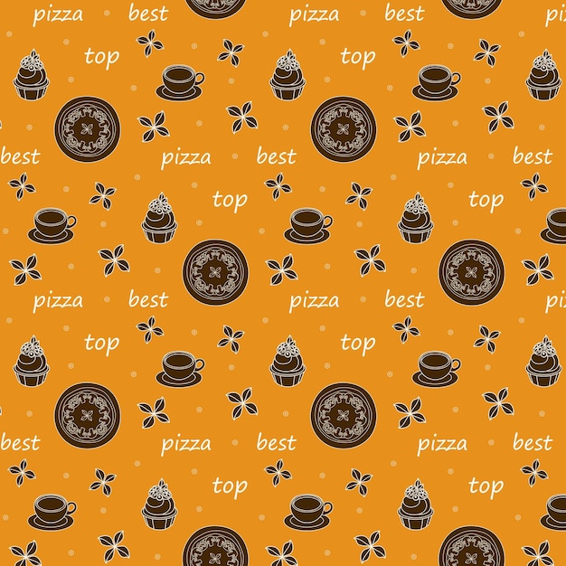 Seamless pattern with coffee cakes pizza basil inscriptions white outline bright orange background