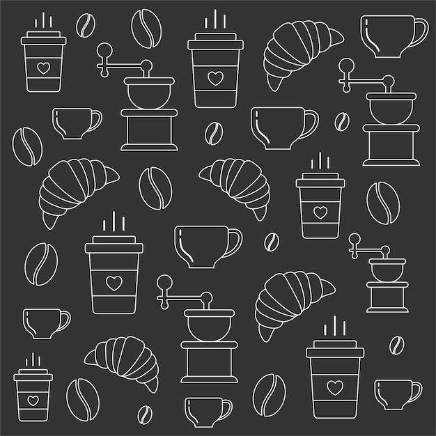 Vector seamless pattern with coffee, coffee cups, coffee beans and croissants, drawing on black background