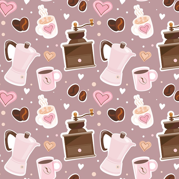 Seamless pattern with coffee grinder coffee beans cup and hearts