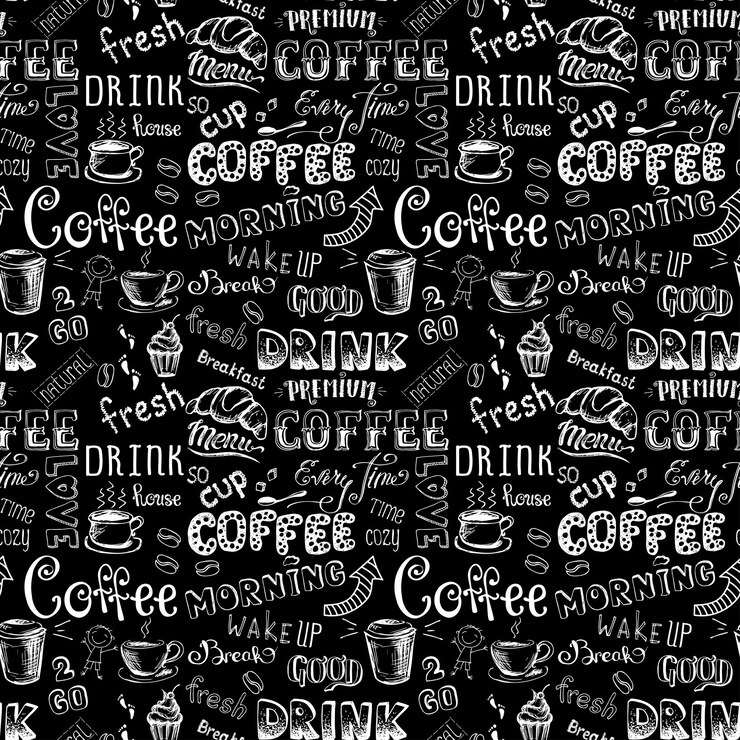 Vector seamless pattern with coffee hand drawn lettering on black background stock vector illustration