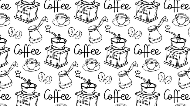 Seamless pattern with coffee inscription and freehand drawing.wallpaper, background