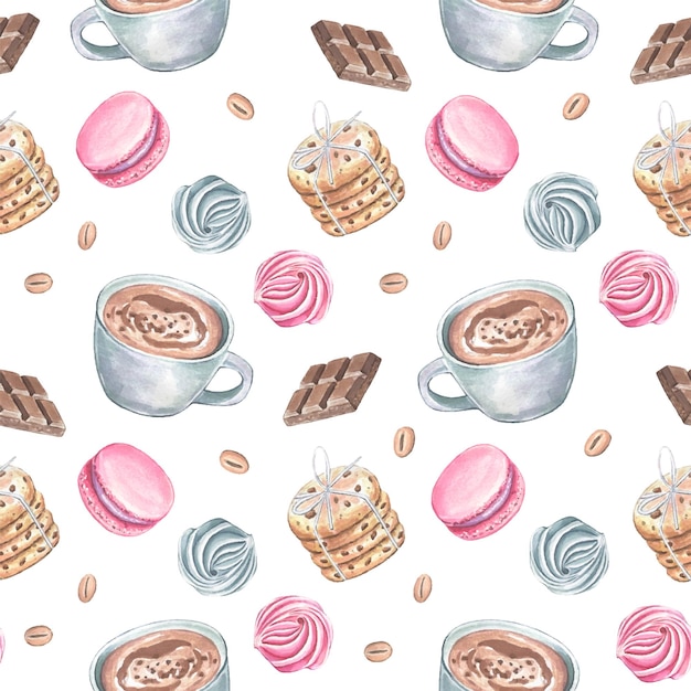 Seamless pattern with coffee marshmallows cookies watercolor