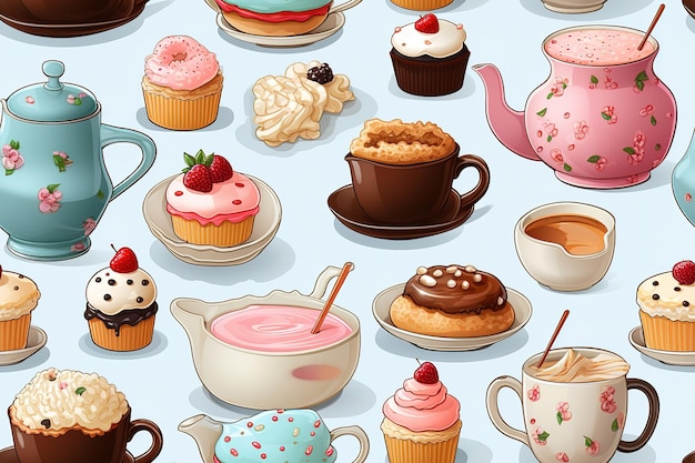 Seamless pattern with coffee pot cups cakes and roses