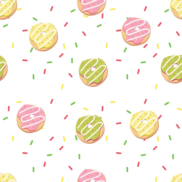 Seamless pattern with color donuts Donut colorful set Sweet donuts collection Cartoon dessert vector illustration