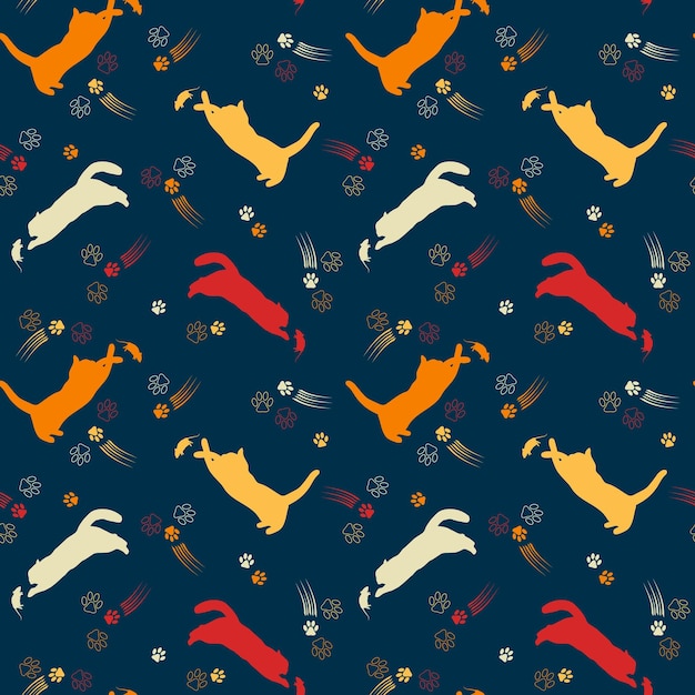 Seamless pattern with color silhouettes of cats Active cats jump catch