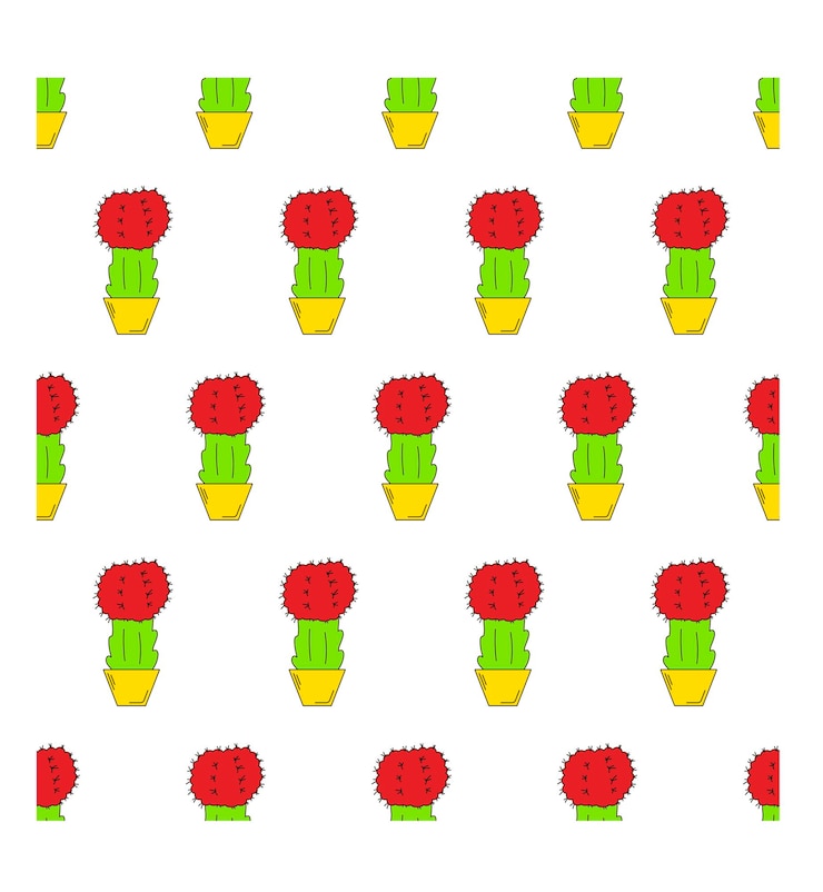 Vector seamless pattern with colored cacti in pots with outline gymnocalycium